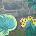 Paintings of Hostas with Rabbit and small Mouse by Trudy Campbell
