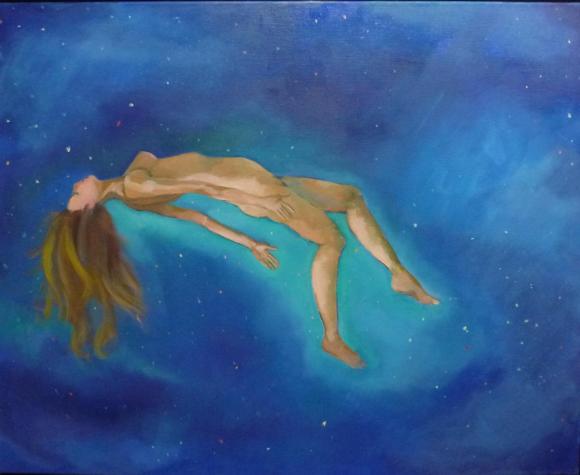 Nude female figure floating in the space of the Blessing.  Blue background, 24" x 30". 