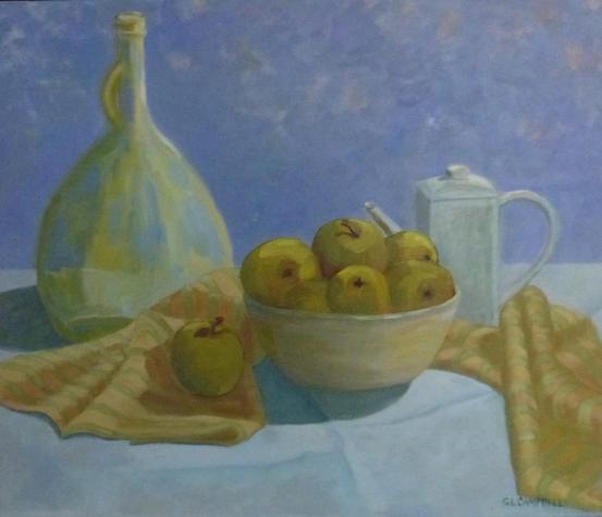 Green Bottle with Apples painting by Trudy Campbell