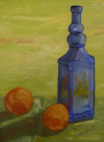 Painting of Blue Bottle with Oranges by Trudy Campbell